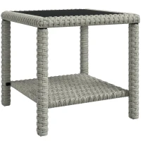 Outsunny 19" Outdoor Wicker Coffee Table with Glass Top, Storage Shelf for Garden Porch Balcony Deck, Dark Grey(m-11)