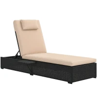Outsunny Outdoor Patio Lounger with Cushion, 5-Level Reclining Wicker Chaise Lounge Chair with Tea Tray, for Poolside, Patio, Deck, 264lb Weight Capacity, Beige(m-11)