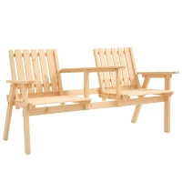 Outsunny Patio Bench, Garden Bench with Middle Table and Umbrella Hole, Wooden Outdoor Bench for Patio, Porch, Poolside, Balcony, Natural(m-1)