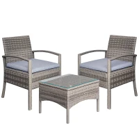 Outsunny 3 Pieces Wicker Patio Furniture Set, Rattan Bistro Set with Coffee Table and Cushions, Outdoor Conversation Set for Garden, Porch, Balcony, Grey(m-2)