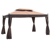 Outsunny 10x13ft Garden Gazebo Double-Tiered with Curtain Outdoor Shelter Backyard Canopy, Coffee(m-2)