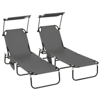 Outsunny Pool Chaise Lounge Chairs Set of 2, Folding Lounge Chairs with Sunshade, Reclining Back, Steel Frame, Dark Gray(m-11)