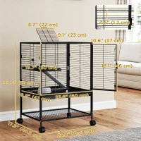 PawHut Rolling Small Animal Cage 34"H Chinchilla Cage for Ferrets, Squirrels w/ Removable Tray, Storage Shelf, Black(m-3)
