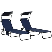 Outsunny Folding Chaise Lounge Pool Lounge Chairs Set of 2, Outdoor Sun Tanning Chairs with Canopy Shade, Reclining Back, Steel Frame and Side Pocket for Beach, Yard, Patio, Dark Blue(m-1)