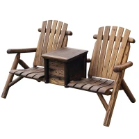 Outsunny 64" Double Wooden Garden Bench with Table, 2-Seater Adirondack Loveseat with Ice Bucket, High Backrest, Armrests, for Yard, Lawn, Porch, Patio, Rustic Brown(m-2)