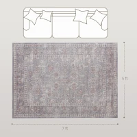 HOMCOM Machine Washable Area Rug 5x7, Non-Slip Traditional Flower Print Floor Carpet for Living Room, Bedroom, Grey and Brown(m-4)
