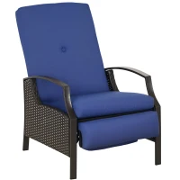 Outsunny Outdoor Rattan Recliner Chair, Wicker Reclining Chair with Adjustable Back Retractable Footrest Cushion Dark Blue(m-11)