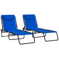 Outsunny 2 Folding Chaise Lounge Pool Chairs with 4-Position Reclining Back, Pillow, Breathable Mesh & Bungee Seat, Blue(m-11)