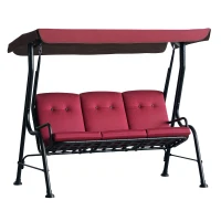Outsunny 3-Person Porch Swing Chair, Patio Swing Bench with Adjustable Canopy, Removable Thicken Cushion and Weather Resistant Steel Frame for Outdoor, Garden, Poolside, Wine Red(m-2)