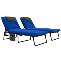 Outsunny 2 Pieces Folding Lounge Chairs with 4-level Reclining Back, Outdoor Tanning Chair with Cushion, Sun Lounger with Breathable Mesh Fabric, Side Pocket, Headrest, Blue(m-11)