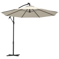 Outsunny 10ft Outdoor Cantilever Hanging Offset Umbrella with Solar LED Lights, Crank, Cross Base, Aluminum Frame, Beige(m-11)