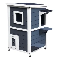 PawHut 2 Story Wooden Outdoor Cat House with Windows, Platforms, Openable Top, Asphalt Roof, Grey(m-11)