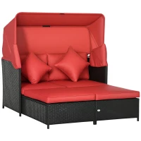Outsunny Patio Daybed, Outdoor Wicker Double Daybed, PE Rattan Sun Lounger for 2-Person with Cushions, and Foldable Awning, for Garden, Balcony, Poolside, Red(m-2)