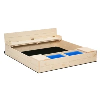 Outsunny Kids Wooden Sandbox w/ Two Plastic Boxes Foldable Bench Seat Waterproof Cover Bottom Liner Storage Space(m-1)
