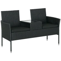 Outsunny Patio Furniture w/ Mid-Table PE Rattan Loveseat w/ Cushion, Black(m-11)