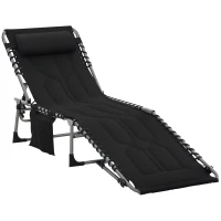 Outsunny Folding Chaise Lounge Chair, Outdoor Padded Reclining Chair with 5-position Adjustable Backrest, Pillow and Pocket for Patio, Deck, Beach, Lawn and Sunbathing, Black(m-2)