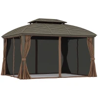 Outsunny 10' x 12' Hardtop Gazebo Canopy with Double Roof, Netting and Curtains for Garden, Backyard, Deck, Coffee(m-11)