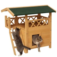 PawHut Outdoor Cat House, Wooden Kitten Condo, Natural(m-11)