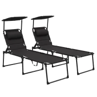 Outsunny Folding Chaise Lounge with Adjustable Sunroof, Outdoor Quick Dry Padded Tanning Chairs with Headrest, Reclining Back Outdoor Lounge Chair, for Beach, Yard, Patio, Black(m-11)