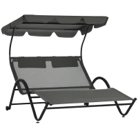Outsunny Outdoor Patio Chaise Lounge Chair, Patio Sun Lounger w/ Sunshade Roof, for Two People with Wheels and Breathable Sling Mesh Bed, Pillows, Dark Gray(m-2)