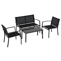 Outsunny 4-Piece Patio Furniture Set with Glass Top Coffee Table, Breathable Mesh Seat & Backrest for Garden, Balcony, Black(m-11)