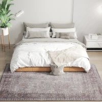 HOMCOM Machine Washable Area Rug 5x7, Non-Slip Traditional Flower Print Floor Carpet for Living Room, Bedroom, Grey and Brown(m-11)