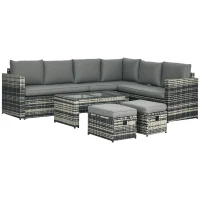 Outsunny 6 Piece Rattan Garden Furniture Set, 8-Seater Outdoor Sofa Sectional with 3 Loveseat Wicker Sofa with Cushions, 2 Footstools and Glass Table for Yard, Poolside, Grey(m-2)