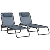 Outsunny 2 PCs Folding Lounge Chairs, Adjustable Chaise Lounges with Headrest, Reclining Lounger Cot for Camping, Hiking, Grey(m-11)