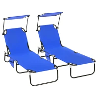 Outsunny Pool Chaise Lounge Chairs Set of 2, Folding Lounge Chairs with Sunshade, Reclining Back, Steel Frame, Blue(m-11)