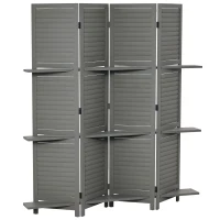 HOMCOM 4-Panel Wall Partition Room Separator with 3 Storage Shelves Foldable Design Wooden Frame 5.6FT Grey(m-2)