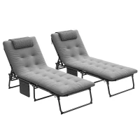 Outsunny 2-Piece Folding Lounge Chairs with Adjustable Backrest, Tanning Chair with Cushion, Side Pocket, Headrest, Grey(m-11)