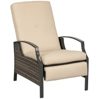 Outsunny Outdoor Rattan Recliner Chair, Wicker Reclining Chair with Adjustable Back Retractable Footrest Cushion Khaki(m-11)