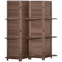 HOMCOM Room Divider, 4 Panel 67" Tall Wood Privacy Screen with 3 Display Shelves, and Folding Storage for Bedroom or Home Office, Walnut(m-1)