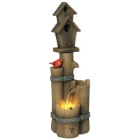 Outsunny Outdoor Fountain with Birdhouse, Cascading Garden Waterfall Bird Bath with 3-Tier Rustic Tree Trunk / Log Design, LED Lights for Porch, Deck, Yard Decor, Brown(m-1)