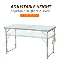 Outsunny 4ft Camping Table Foldable Picnic Garden BBQ Desk Indoor & Outdoor Folding Table with 2 Level Height Adjustable, Aluminum Frame and Carrying Handle, Silver(m-4)