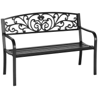 Outsunny 50" Outdoor Bench, Metal Garden Bench with Floral Pattern Backrest, Porch Bench with Slatted Seat for Park, Yard, Lawn, Black(m-1)