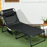 Outsunny Folding Chaise Tanning Lounge Chair w/ 5-level Reclining Back, Reading Hole, Side Pocket, Headrest, Black(m-10)