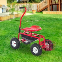 Outsunny Garden Scooter, Rolling Cart with Swivel and Adjustable Seat, Tool Tray, Bucket Basket, Red and Black(m-1)