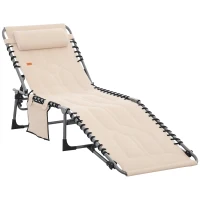 Outsunny Padded Folding Chaise Lounge Chair, Outdoor 6-Level Reclining Camping Tanning Chair with Headrest for Beach, Yard, Patio, Pool, Beige(m-1)
