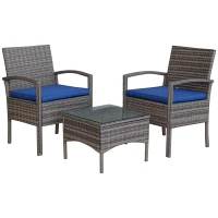 Outsunny 3 Pieces Wicker Patio Furniture Set, Rattan Bistro Set with Coffee Table and Cushions, Outdoor Conversation Set for Garden, Porch, Balcony, Blue(m-2)