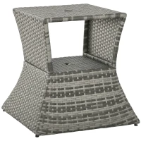 Outsunny Outdoor Side Table with Umbrella Hole, 2 Tier Rattan Wicker End Table with Storage Shelf, All Weather for Outdoor, Patio, Garden, Backyard, Mixed Gray(m-1)