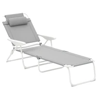 Outsunny Folding Chaise Lounge, Outdoor Sun Tanning Chair, 4-Position Reclining Back, Armrests, Removable Pillow, Light Gray(m-11)