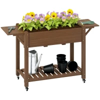 Outsunny Wood Raised Planter Box, Elevated Garden Bed with Lockable Wheels, Side Tables, Bottom Shelf, Drain Holes, Carbonized(m-11)