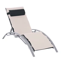Outsunny Aluminum Patio Tanning Chair with Soft Padded Seat Cushion, Outdoor Lounge Chair with 5-Level Adjustable Backrest & Head Pillow, Beige(m-2)