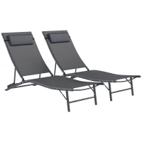 Outsunny Folding Outdoor Chaise Lounge Chair Set of 2 with Adjustable Backrest, Headrest, Mesh Seat for Beach, Poolside, Grey(m-11)
