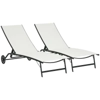 Outsunny 2PCs Lounge Chairs with Wheels, 5-Level Adjustable Backrest for Garden, Backyard, Patio, Deck, Poolside, White(m-11)