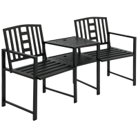 Outsunny Metal Garden Bench with Middle Table and Umbrella Hole, 2-in-1 Double Patio Chairs, Outdoor 2-person Tete-a-Tete, Slatted, Black