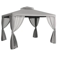 Outsunny 12' x 10' Patio Gazebo Outdoor Pavilion 2 Tire Roof Canopy Shelter Garden, Steel Frame w/ Mosquito Netting, Light Grey(m-11)