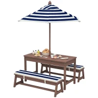 Qaba Outdoor Wooden Kids Picnic Table & Bench Set with Cushions and Umbrella, for Patio, Garden, Navy Blue(m-11)