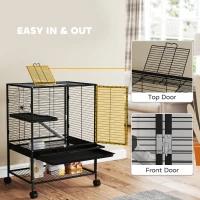 PawHut Rolling Small Animal Cage 34"H Chinchilla Cage for Ferrets, Squirrels w/ Removable Tray, Storage Shelf, Black(m-7)